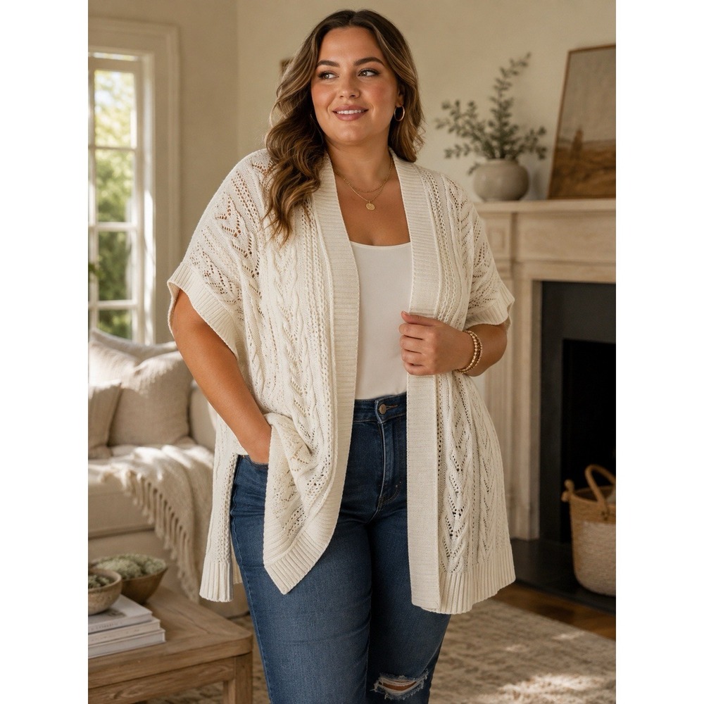 Torrid Ivory Cable Pointelle Kimono Cardigan 1/2 Cotton Blend Open Front